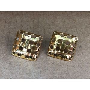 Butler Gold Tone Square Stud Earrings W/Basket Weave Gingham Plaid Design